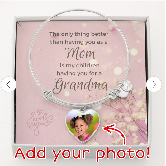 Mom - Grandma Heart Bangle (Add Photo and Engrave)