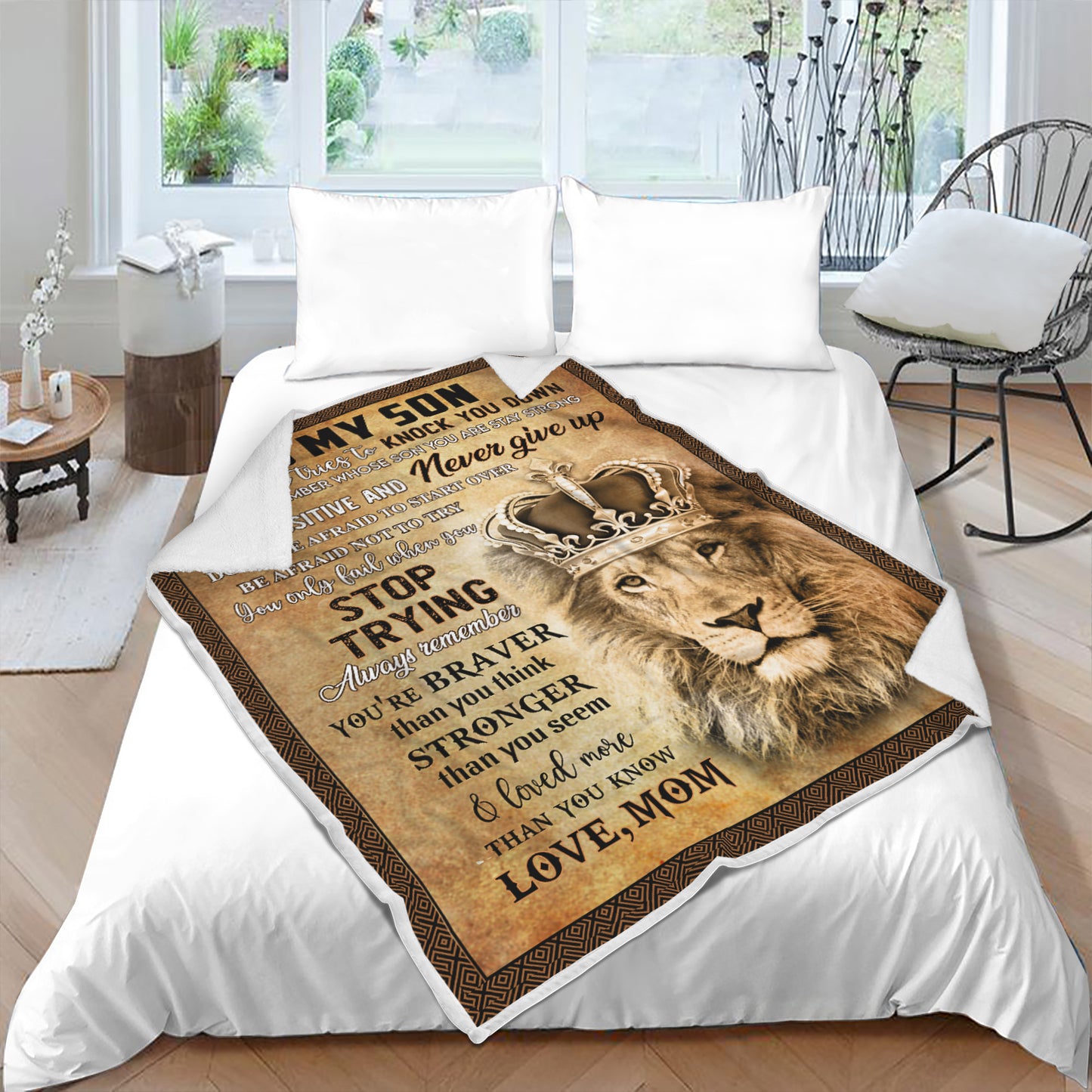 To My Son Lion Braver Stronger | Love Mom | Premium Mink Sherpa Blanket (Medium - 50x60)