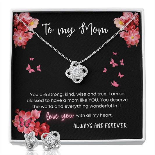 To My Mom - Love You - Love Knot Necklace and Earrings Set