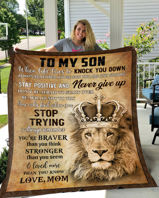 To My Son Lion Braver Stronger | Love Mom | Premium Mink Sherpa Blanket (Medium - 50x60)