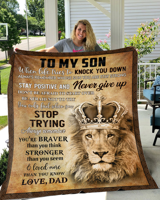 To My Son Lion Braver Stronger | Love Dad | Plush Fleece Blanket (Medium- 50x60)