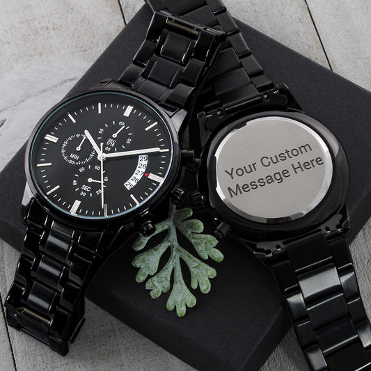 Customizable Engraved Black Chronograph Watch for Husband, Boyfriend Valentine's Day